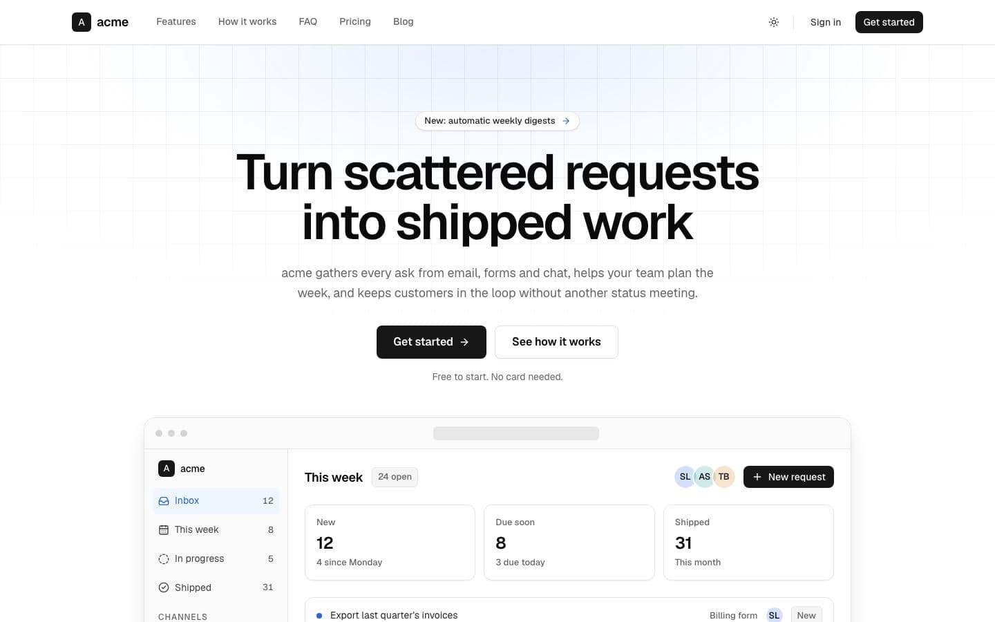 Default: the landing page in light