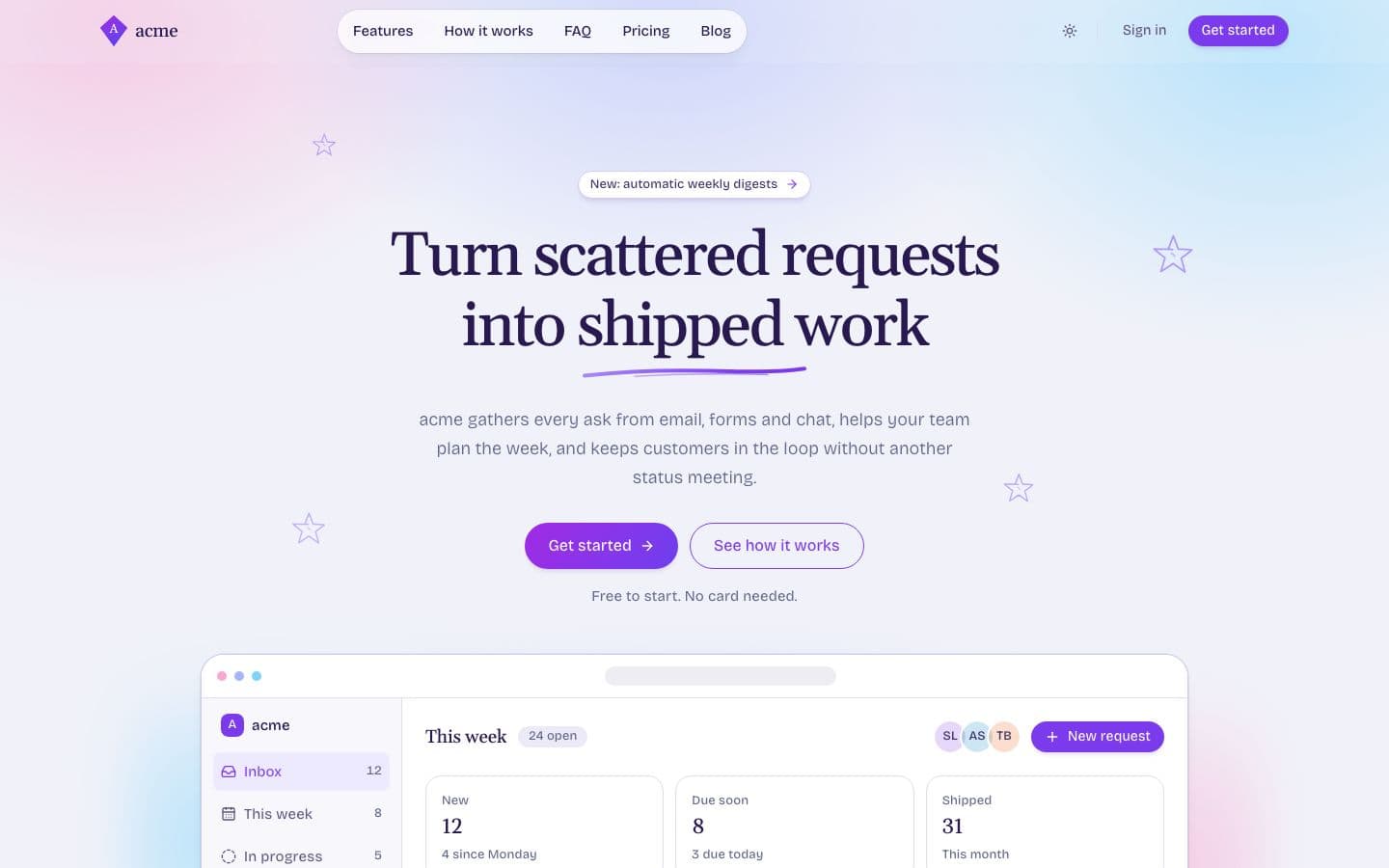 Kite: the landing page in light