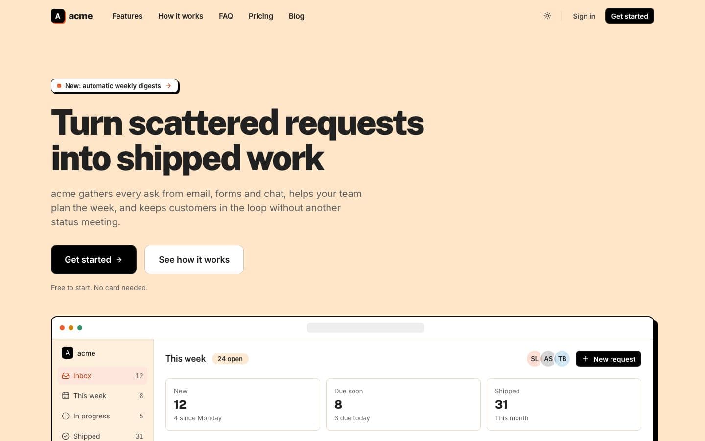 Peach: the landing page in light