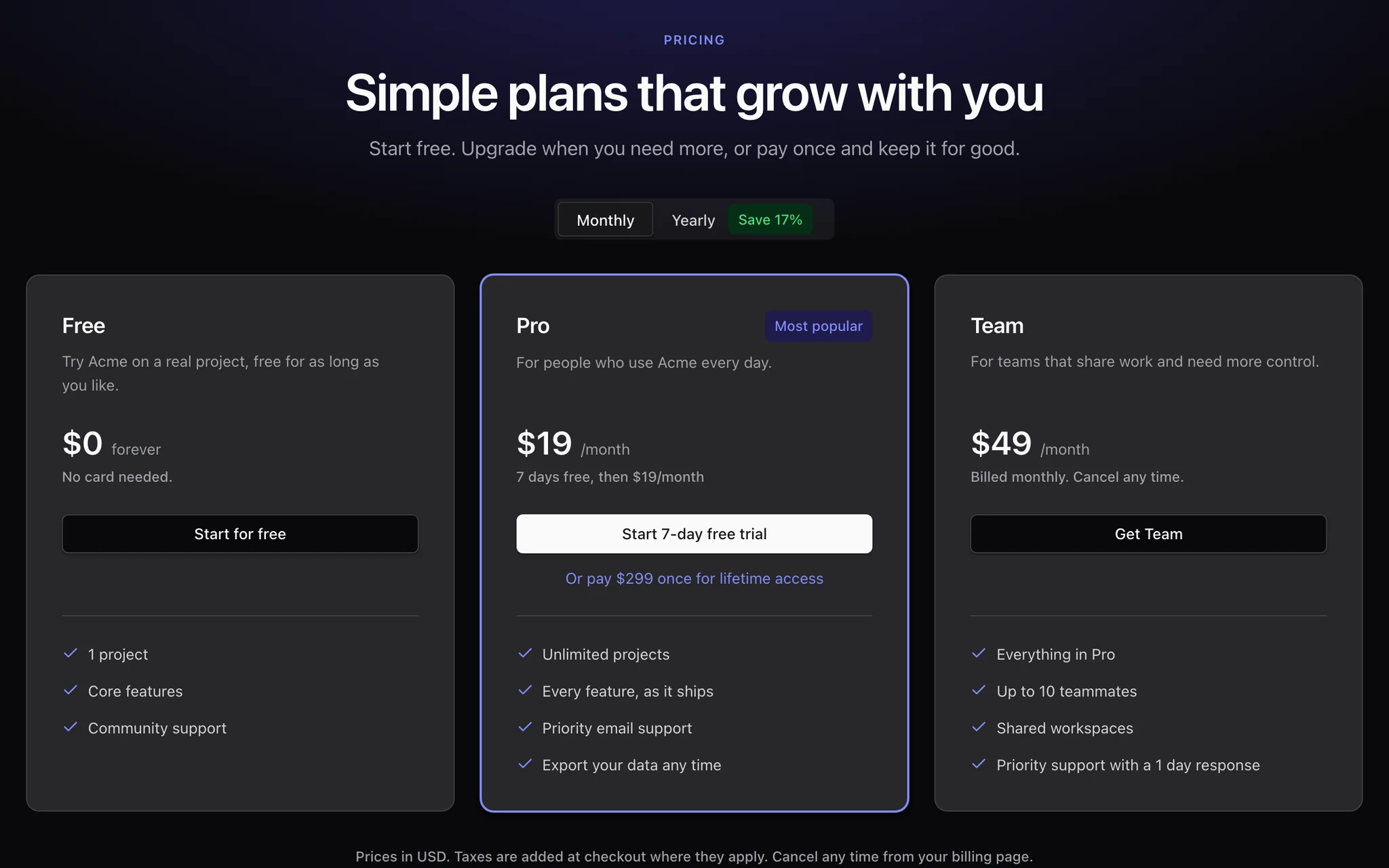 The generated pricing page: Free, Pro and Team plans with a monthly and yearly switch.