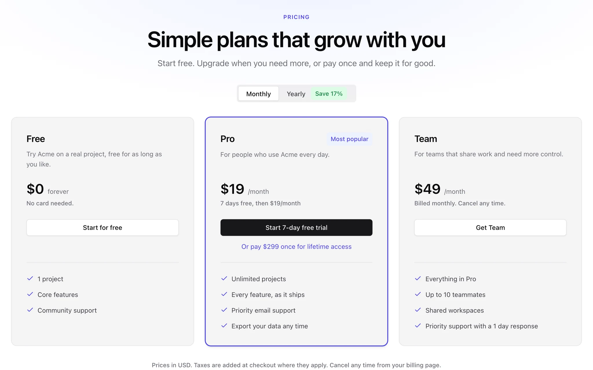 The generated pricing page: Free, Pro and Team plans with a monthly and yearly switch.
