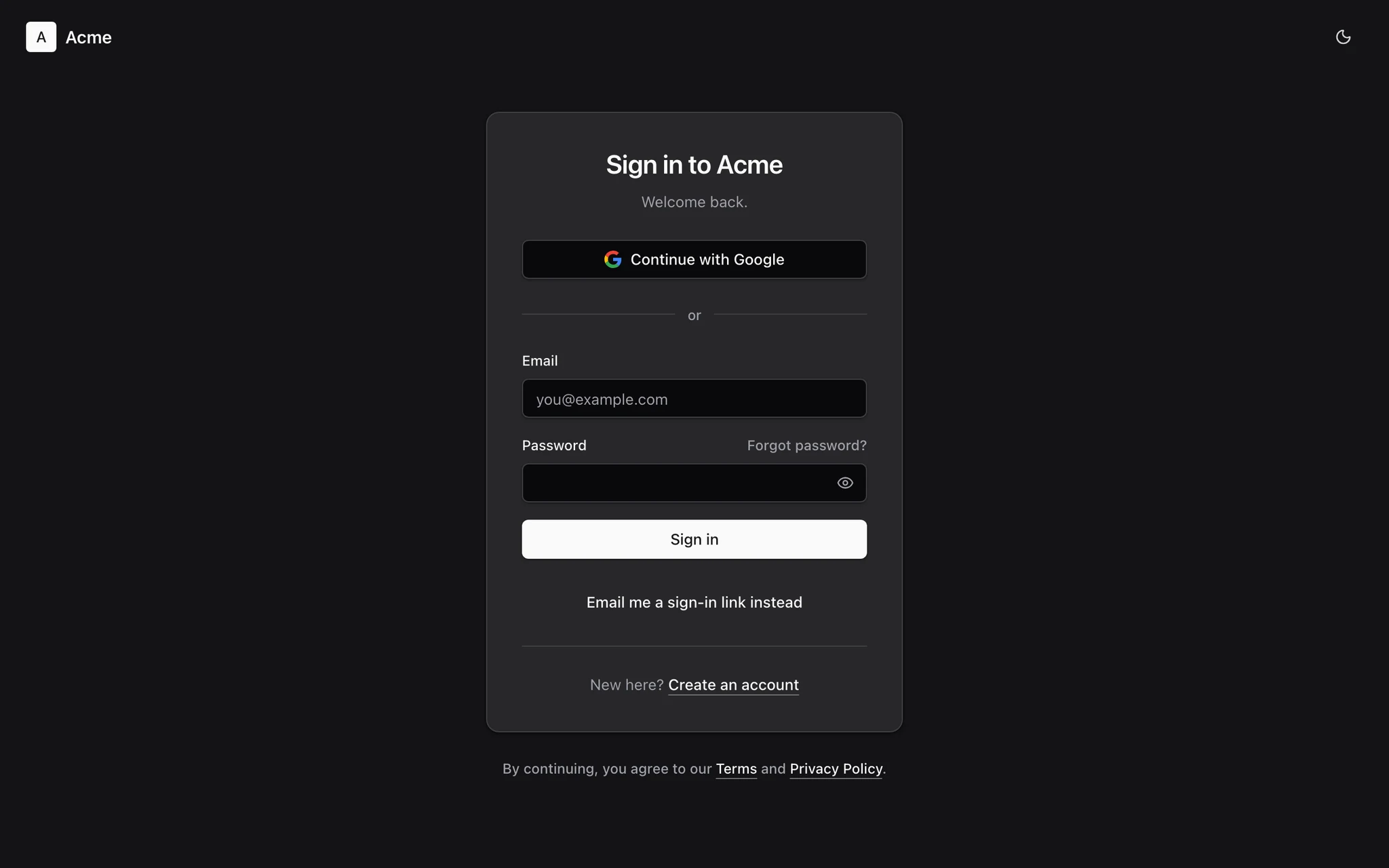 The generated sign-in page with Google, email and password, and a magic link option.