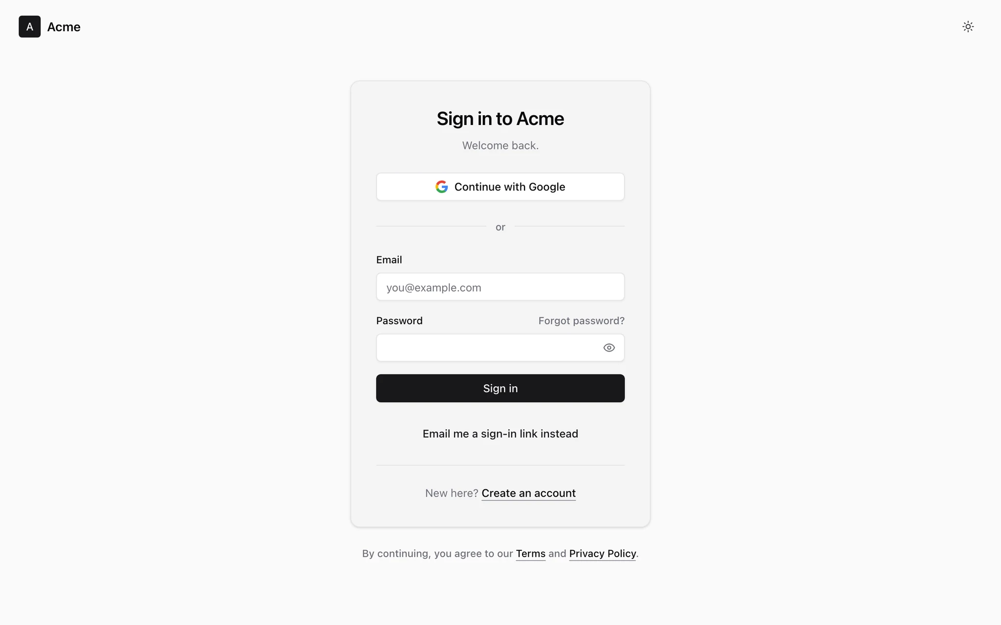 The generated sign-in page with Google, email and password, and a magic link option.