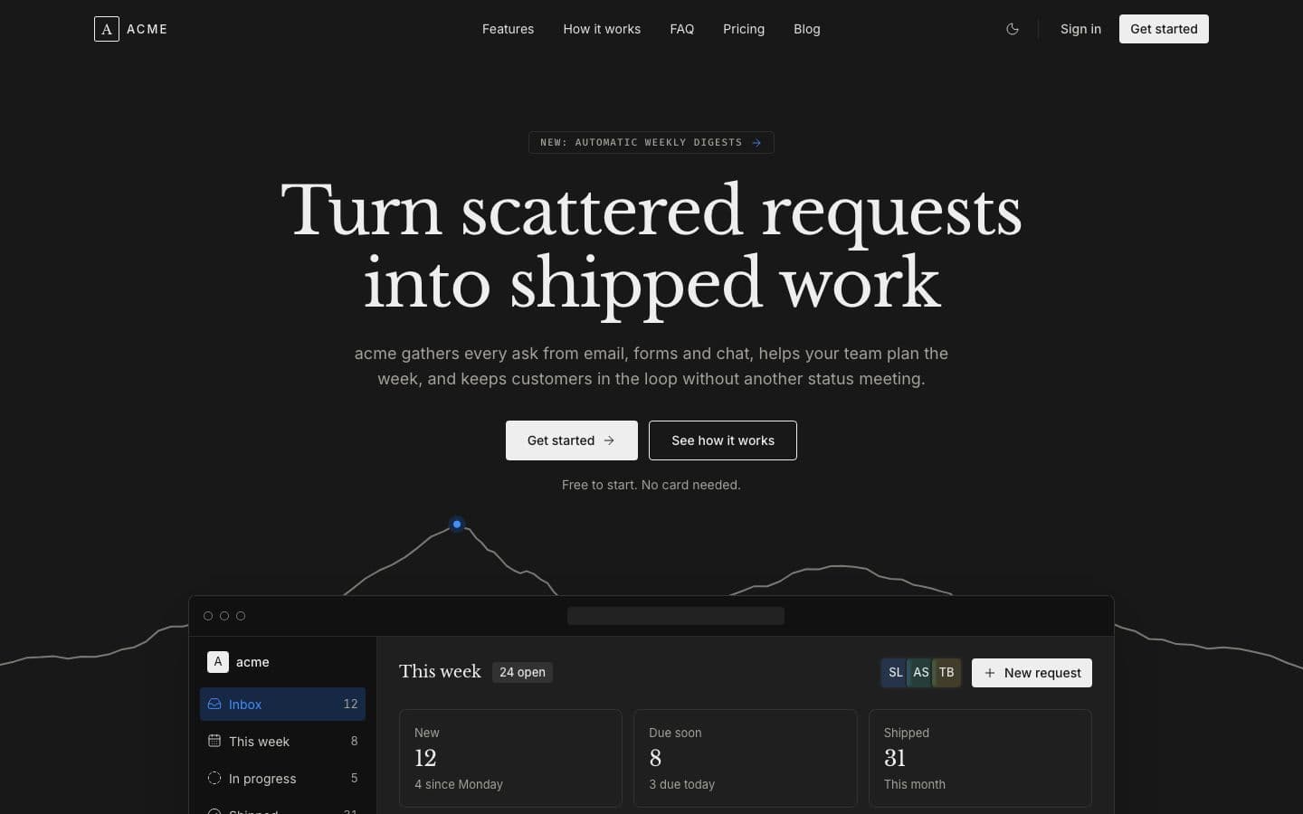 Atelier: the landing page in dark