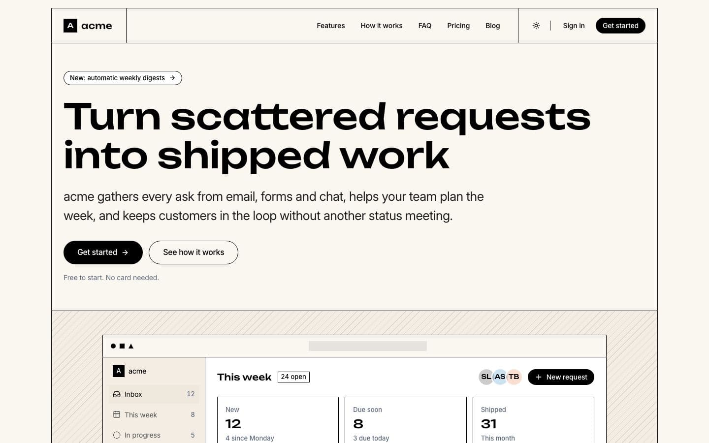 Blockhaus: the landing page in light