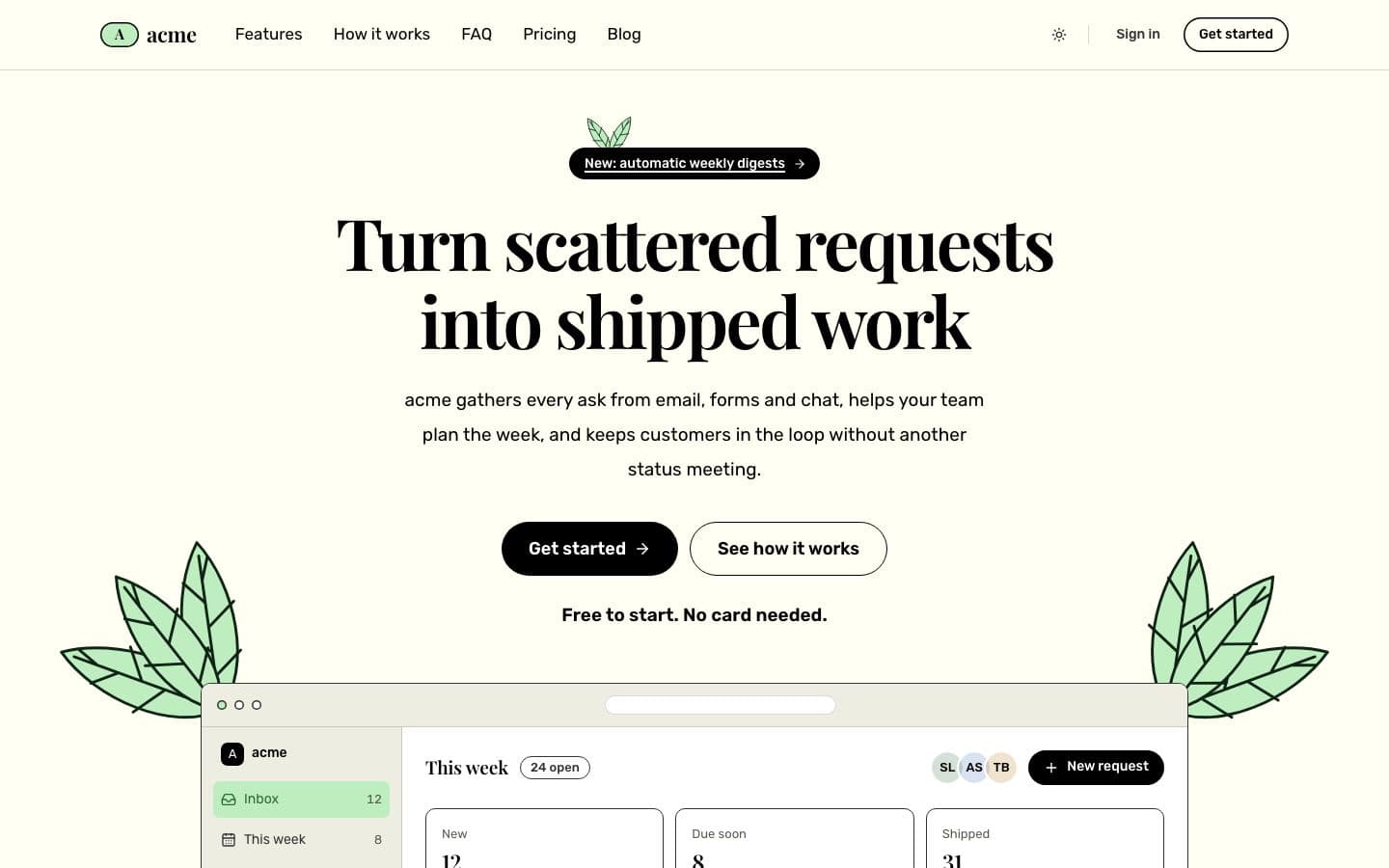 Meadow: the landing page in light