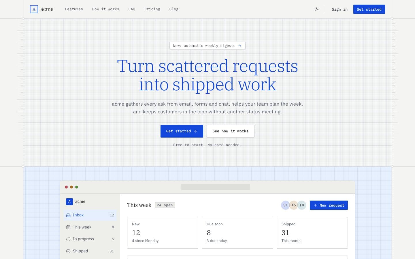 Quill: the landing page in light
