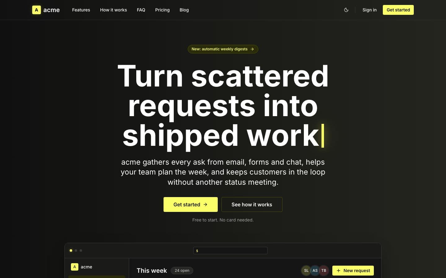 Signal: the landing page in dark