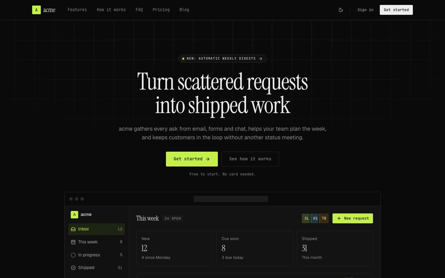 Terminal: the landing page in dark